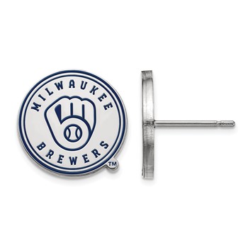 Sterling Silver Rhodium Plated Major League Baseball LogoArt Milwaukee Brewers Enamel Earrings