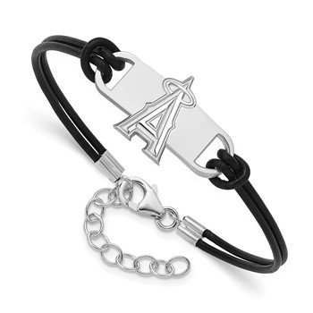 Sterling Silver Rhodium Plated Major League Baseball LogoArt Los Angeles Angels Leather Bracelet