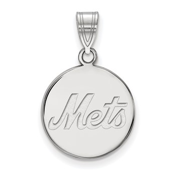 Sterling Silver Rhodium Plated Major League Baseball LogoArt New York Mets Medium Disc Pendant