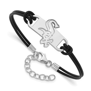 Sterling Silver Rhodium Plated Major League Baseball LogoArt Chicago White Sox Leather Bracelet