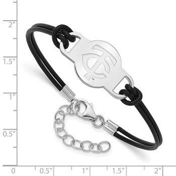 Sterling Silver Rhodium Plated Major League Baseball LogoArt Minnesota Twins Leather Bracelet — alternate view
