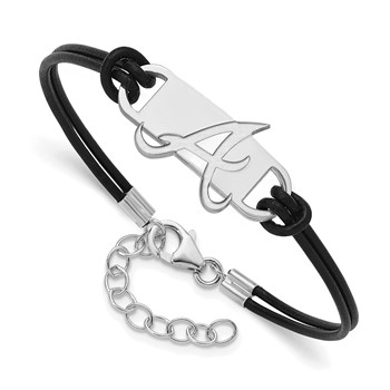 Sterling Silver Rhodium Plated Major League Baseball LogoArt Atlanta Braves Leather Bracelet