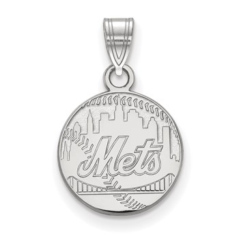 14k White Gold Major League Baseball LogoArt New York Mets Script Baseball Small Pendant