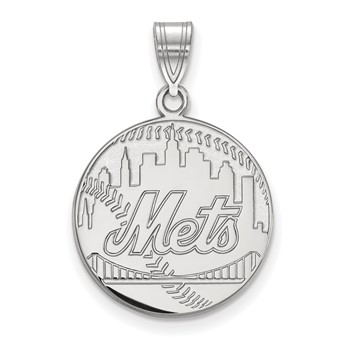 10k White Gold Major League Baseball LogoArt New York Mets Script Baseball Large Pendant