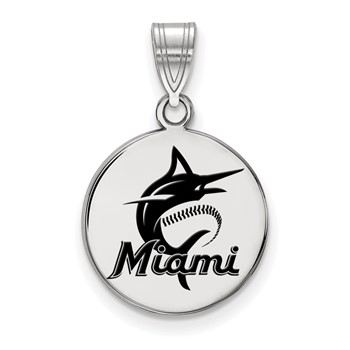 Sterling Silver Rhodium Plated Major League Baseball LogoArt Miami Marlins Medium Enamel Pendant