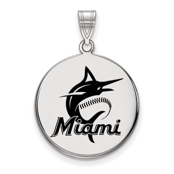Sterling Silver Rhodium Plated Major League Baseball LogoArt Miami Marlins Large Enamel Pendant