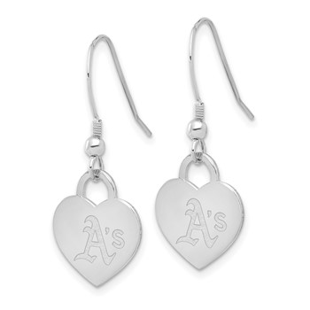 Sterling Silver Rhodium Plated Major League Baseball LogoArt Oakland Athletics Heart Dangle Earrings — alternate view