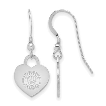 Sterling Silver Rhodium Plated Major League Baseball LogoArt Milwaukee Brewers Heart Dangle Earrings