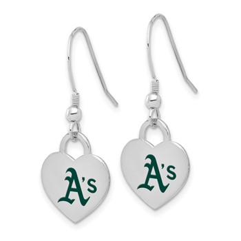 Sterling Silver Rhodium Plated Major League Baseball LogoArt Oakland Athletics Enamel Heart Dangle Earrings — alternate view