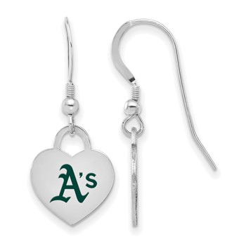 Sterling Silver Rhodium Plated Major League Baseball LogoArt Oakland Athletics Enamel Heart Dangle Earrings