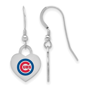 Sterling Silver Rhodium Plated Major League Baseball LogoArt Chicago Cubs Enamel Heart Dangle Earrings