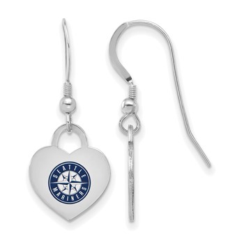 Sterling Silver Rhodium Plated Major League Baseball LogoArt Seattle Mariners Enamel Heart Dangle Earrings