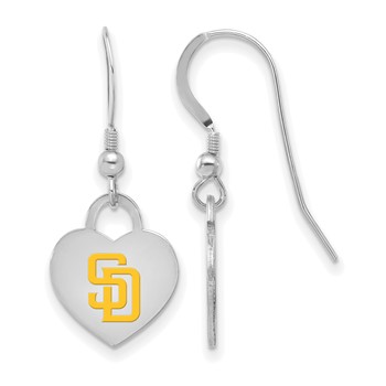 Sterling Silver Rhodium Plated Major League Baseball LogoArt San Diego Padres Enamel Heart Dangle Earrings