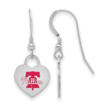 Sterling Silver Rhodium Plated Major League Baseball LogoArt Philadelphia Phillies Enamel Heart Dangle Earrings