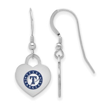 Sterling Silver Rhodium Plated Major League Baseball LogoArt Texas Rangers Enamel Heart Dangle Earrings