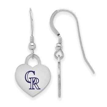 Sterling Silver Rhodium Plated Major League Baseball LogoArt Colorado Rockies Enamel Heart Dangle Earrings