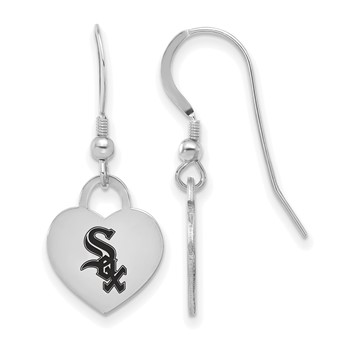 Sterling Silver Rhodium Plated Major League Baseball LogoArt Chicago White Sox Enamel Heart Dangle Earrings