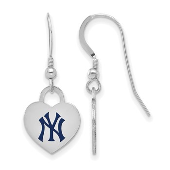 Sterling Silver Rhodium Plated Major League Baseball LogoArt New York Yankees Enamel Heart Dangle Earrings