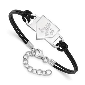 Sterling Silver Rhodium Plated Major League Baseball LogoArt Oakland Athletics Homeplate Leather Bracelet