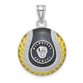 Sterling Silver Rhodium Plated Major League Baseball LogoArt Milwaukee Brewers Enamel Pendant