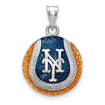 Sterling Silver Rhodium Plated Major League Baseball LogoArt New York Mets N-Y Enamel Pendant