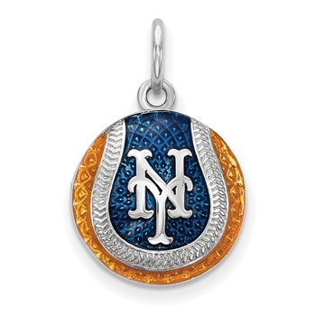 Sterling Silver Rhodium Plated Major League Baseball LogoArt New York Mets N-Y Enamel Charm