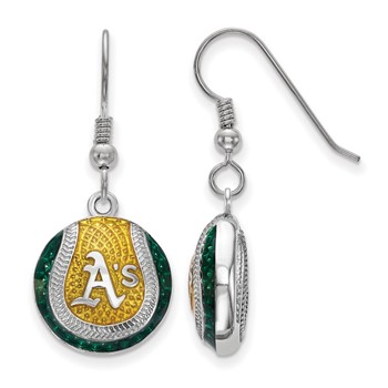 Sterling Silver Rhodium Plated Major League Baseball LogoArt Oakland Athletics Enamel Earrings