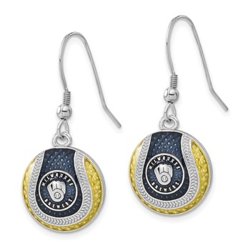 Sterling Silver Rhodium Plated Major League Baseball LogoArt Milwaukee Brewers Enamel Earrings — alternate view