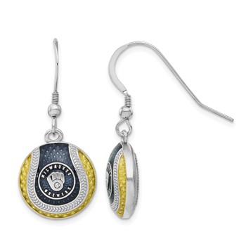 Sterling Silver Rhodium Plated Major League Baseball LogoArt Milwaukee Brewers Enamel Earrings