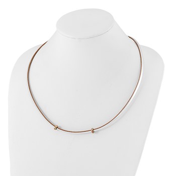 Sterling Silver Polished Silver & Tan Leather Cord Bead Necklace — alternate view