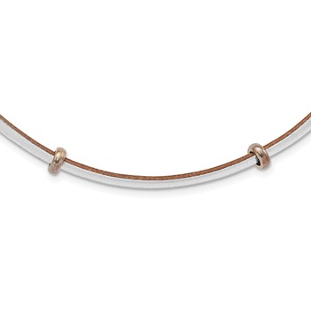 Sterling Silver Polished Silver & Tan Leather Cord Bead Necklace
