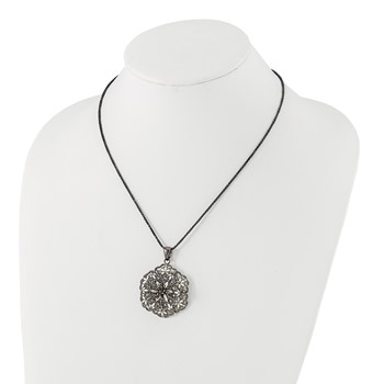 Sterling Silver Black-plated Polished Enameled Vintage Lace Flower Necklace — alternate view