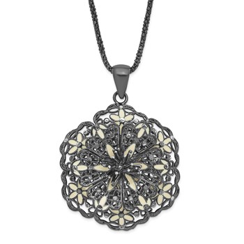 Sterling Silver Black-plated Polished Enameled Vintage Lace Flower Necklace