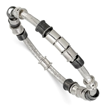 Sterling Silver Polished, Antiqued & Hammered Beaded Slip on Bangle