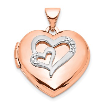 Sterling Silver Rose / Rhodium-plated Heart 18mm Locket w Diamond