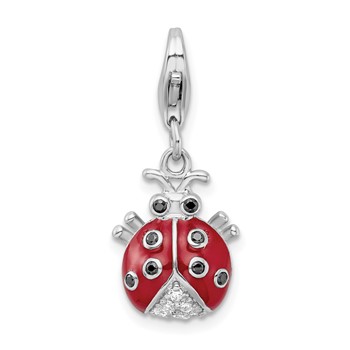 Sterling Silver Rhodium Plated CZ 3-D Enameled Lady Bug