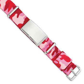 Stainless Steel Polished Pink Camo Fabric Adj. ID Bracelet
