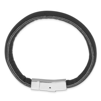 Stainless Steel Polished Black Leather Bracelet Push Plate and Deployme — alternate view