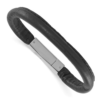 Stainless Steel Polished Black Leather Bracelet Push Plate and Deployme