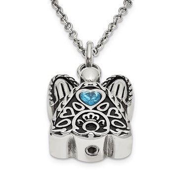 Sentimental Expressions Stainless Steel Blue CZ December Birthstone Antiqued Angel Ash Holder 18 Inch Necklace — alternate view