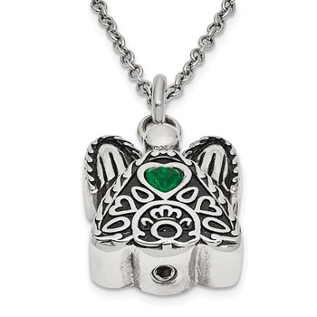 Sentimental Expressions Stainless Steel Green CZ May Birthstone Antiqued Angel Ash Holder 18 Inch Necklace — alternate view