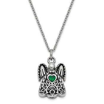 Sentimental Expressions Stainless Steel Green CZ May Birthstone Antiqued Angel Ash Holder 18 Inch Necklace