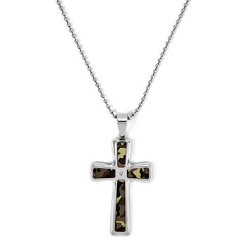 Steel and Diamond Camo Cross on 24in 2.4mm Bead Chain