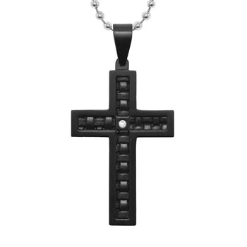 Stainless Steel Black Leather & Black IP .025 TCW Dia Cross Pendant on 2.