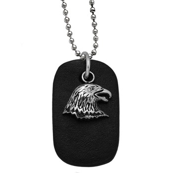 Stainless Steel Eagle on Black Leather Dog Tag on 2.4 mm 22" Bead Neckla