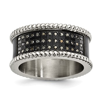 Stainless Steel 10.5 mm .25 TCW Black Diamond Beaded Edge Ring