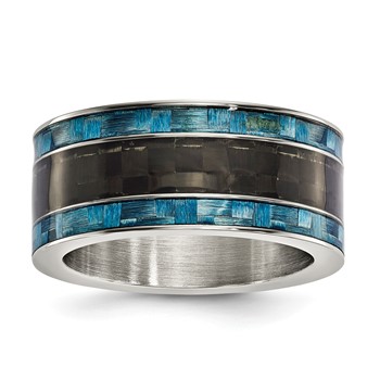 Stainless Steeel .02 TCW 10mm Black & Blue Carbon Fiber Ring