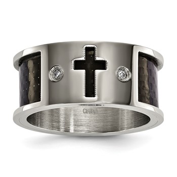 Stainless Steel 10mm Black Carbon Fiber Cross .03 TCW Diamond Ring