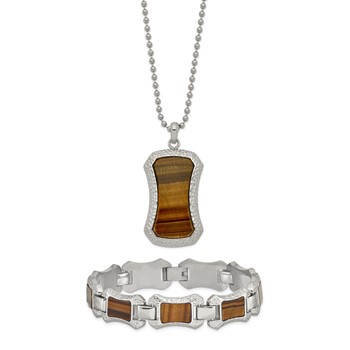 Stainless Steel C& Tiger Eye 24" Necklace and Matching 8.75" Bracelet