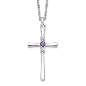 Survivor Collection Sterling Silver Rhodium-plated 16 Inch White and Purple Topaz Faith Cross Necklace with 2 Inch Extender